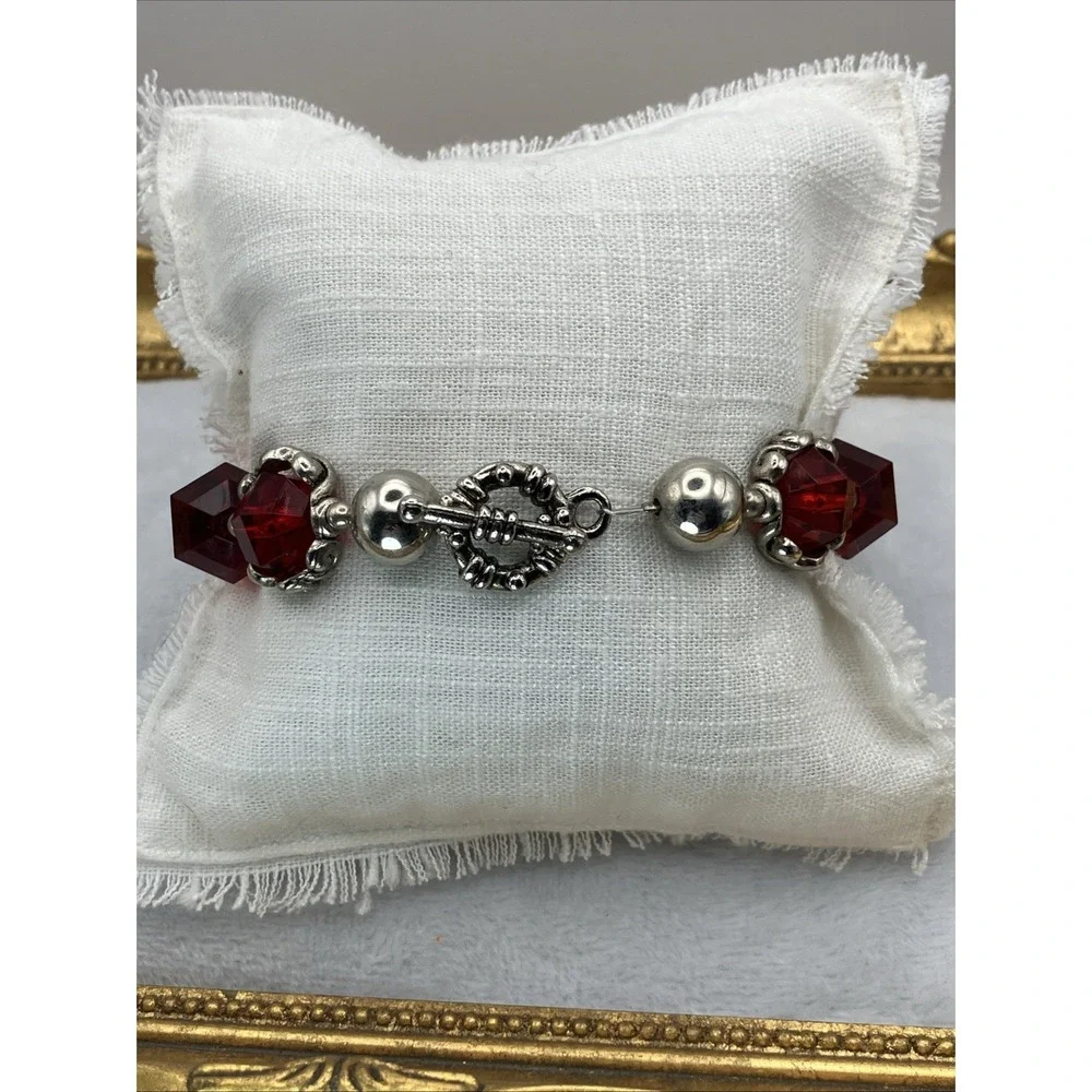 Ornate Ruby Red Glass Beaded Bracelet Enamel Silver Tone Royal Romantic Castle